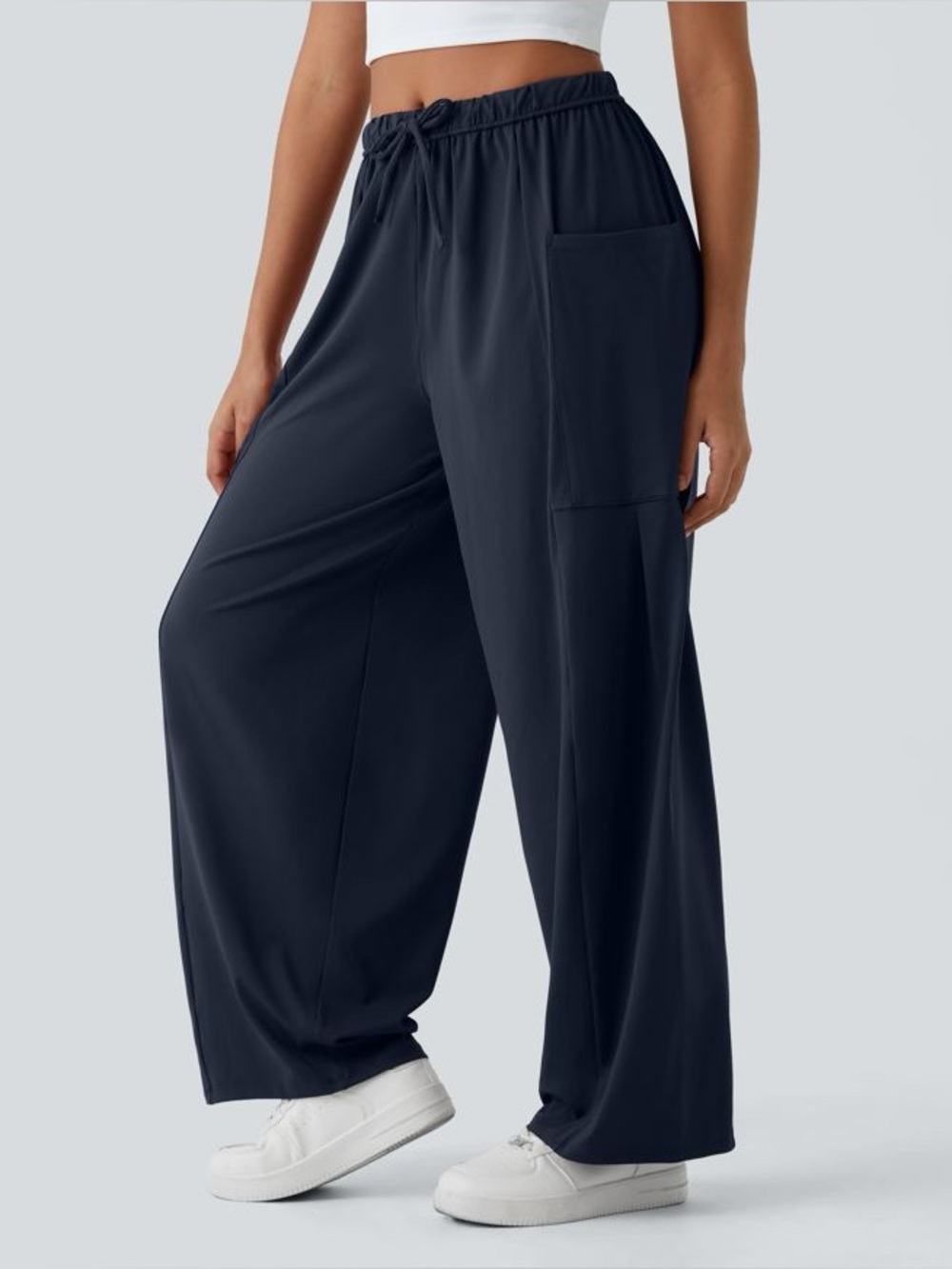 Halara Mid Rise Drawstring Palazzo Pants Wide Leg Flowy Navy Blue M